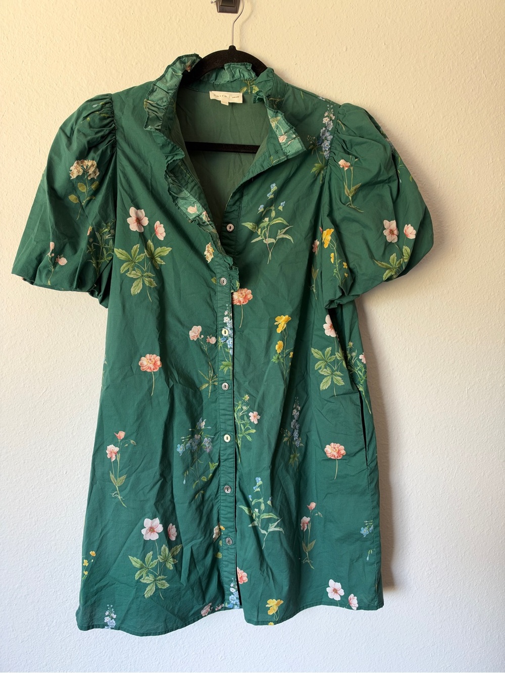 Entro Floral Puff-Sleeve Dress - Teal Green